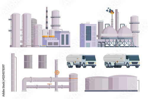 Oil refinery set or collection vector illustration. Editable chemical factory design with modular industrial elements