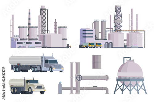Oil refinery set or collection vector illustration. Editable chemical factory design with modular industrial elements