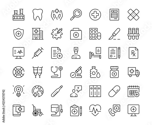 Healthcare icons. Outline symbols collection. Premium vector line icons set