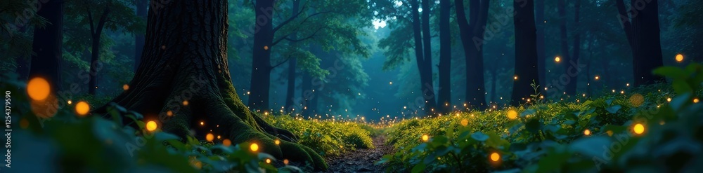 Fototapeta premium Glowing fireflies light up the forest floor with sparkling firelight amidst tall trees and foliage, forest, nature, fireflies