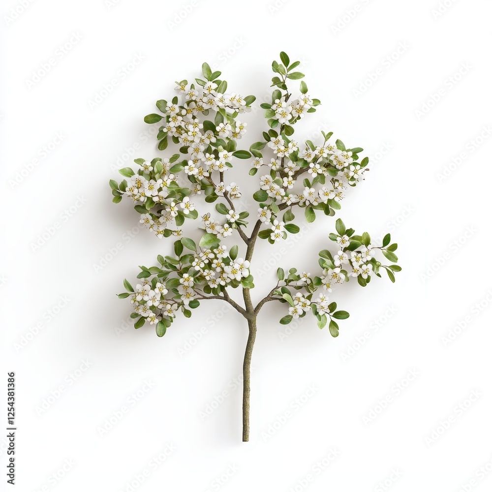 A delicate branch adorned with small white flowers and green leaves, showcasing natural beauty and intricate floral details. A delicate branch adorned with small white flowers and green leaves, showcasing natural beauty and intricate floral details.