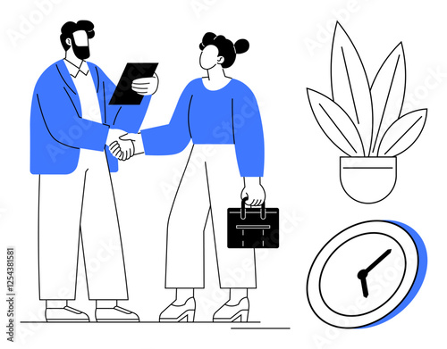 A man and woman shake hands, the man holds a document, the woman a briefcase beside them a plant and a clock suggesting time management. Ideal for teamwork, partnerships, agreements, collaboration