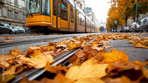 Autumn leaves on tram tracks in city street. Great for urban seasons, public transport, and city atmosphere. photo