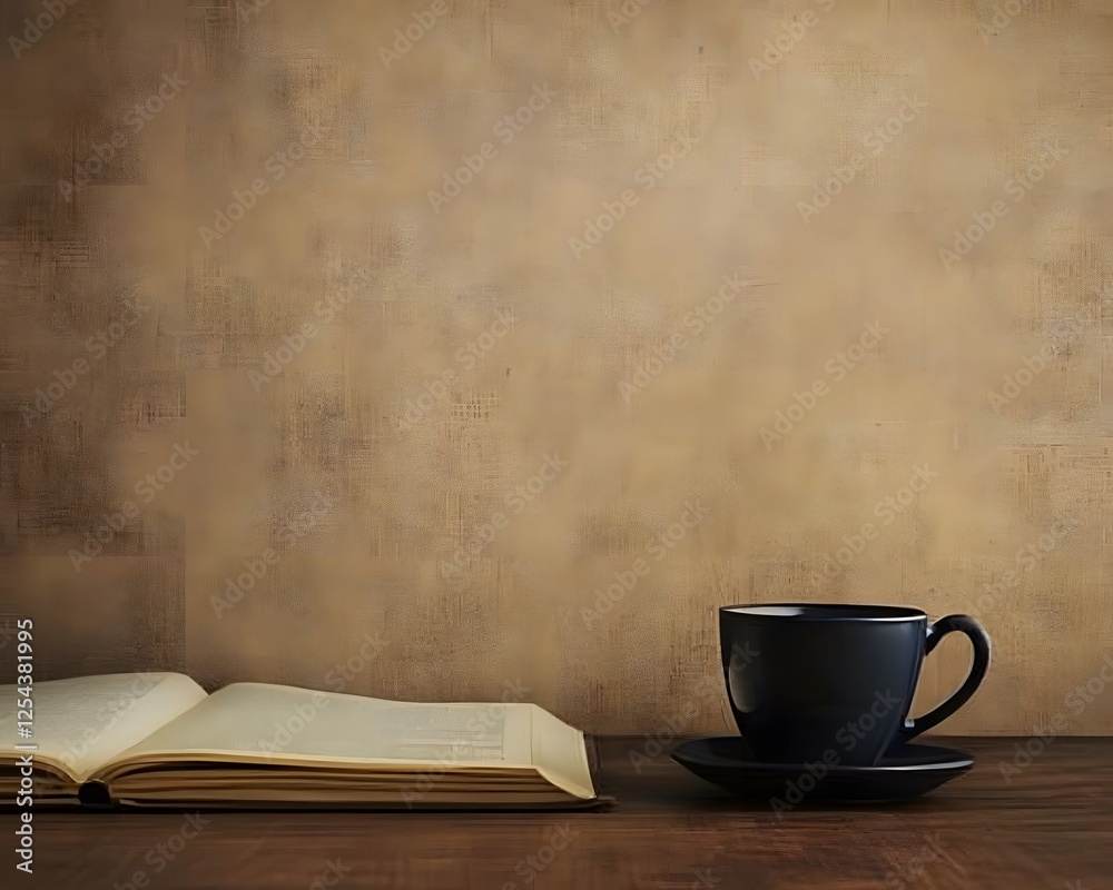 Open Book, Coffee Cup, and Saucer on Wooden Surface Open Book, Coffee Cup, and Saucer on Wooden Surface