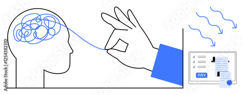 Hand pulling a thread from a tangled brain, guiding it towards a digital payment interface. Ideal for problem-solving, mental clarity, digital transformation, financial management, simplicity