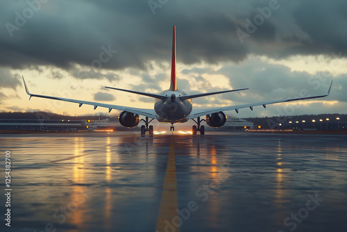 Back view of a large aircraft taking off and landing on the runway on a dark and cloudy evening
