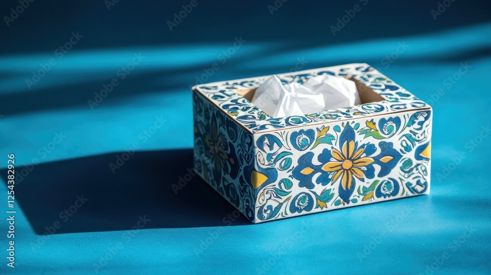 Obraz premium Decorative tissue box on blue surface, sunlight