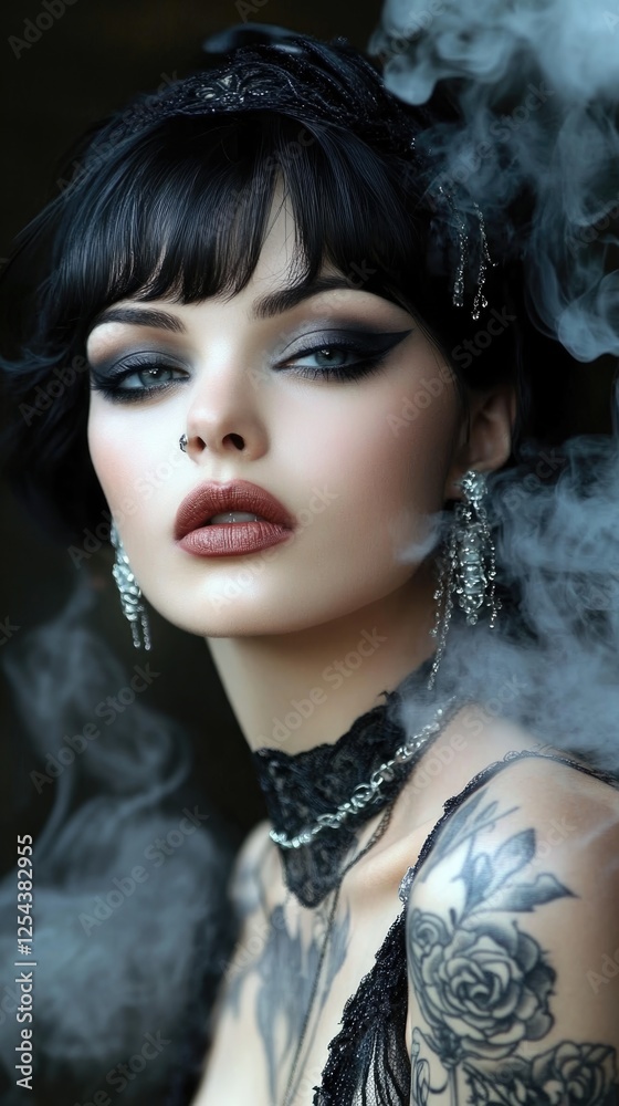 Fototapeta premium A woman with striking dark makeup and intricate tattoos gazes intensely. Dressed in elegant attire, she is surrounded by wisps of fog, creating an enigmatic atmosphere