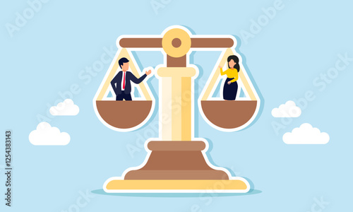 A businessman and a businesswoman are on a legal scale, illustration of equality for all types of business in legal perspective
