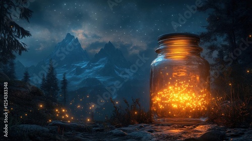 Glowing Jar In Forest At Night With Mountains