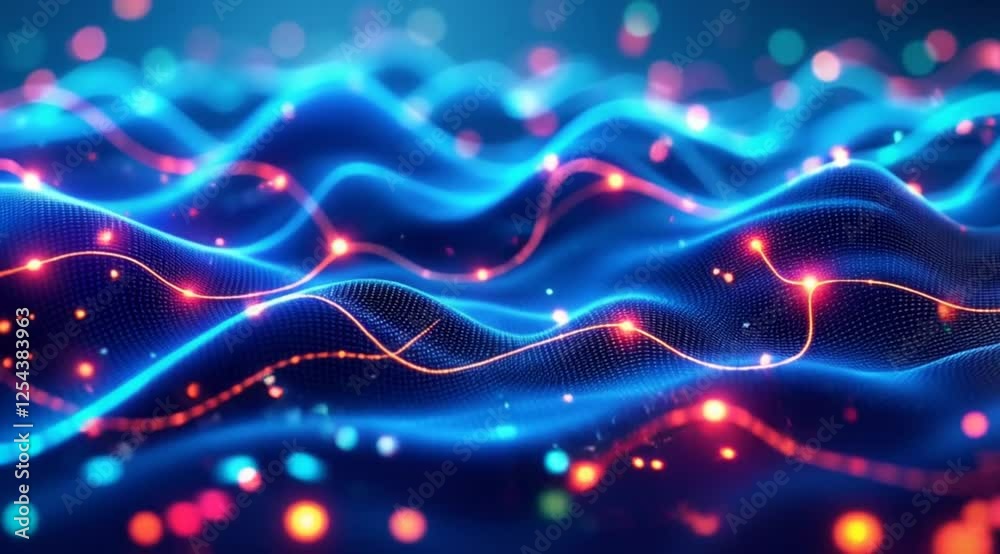 Abstract glowing data waves, network connections, digital landscape, technology background, website header