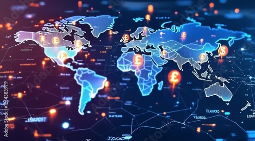 Global finance network, currency exchange, world map, digital connections, background data flow, for financial news
