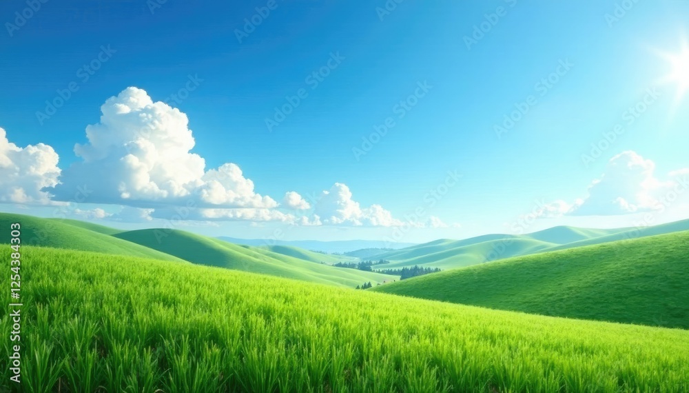Fototapeta premium Soft wispy clouds drift across a brilliant blue sky with gentle rounded hills in the distance, nature, scenery