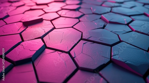 Abstract hexagonal surface with cracked texture and dynamic lighting in vibrant colors