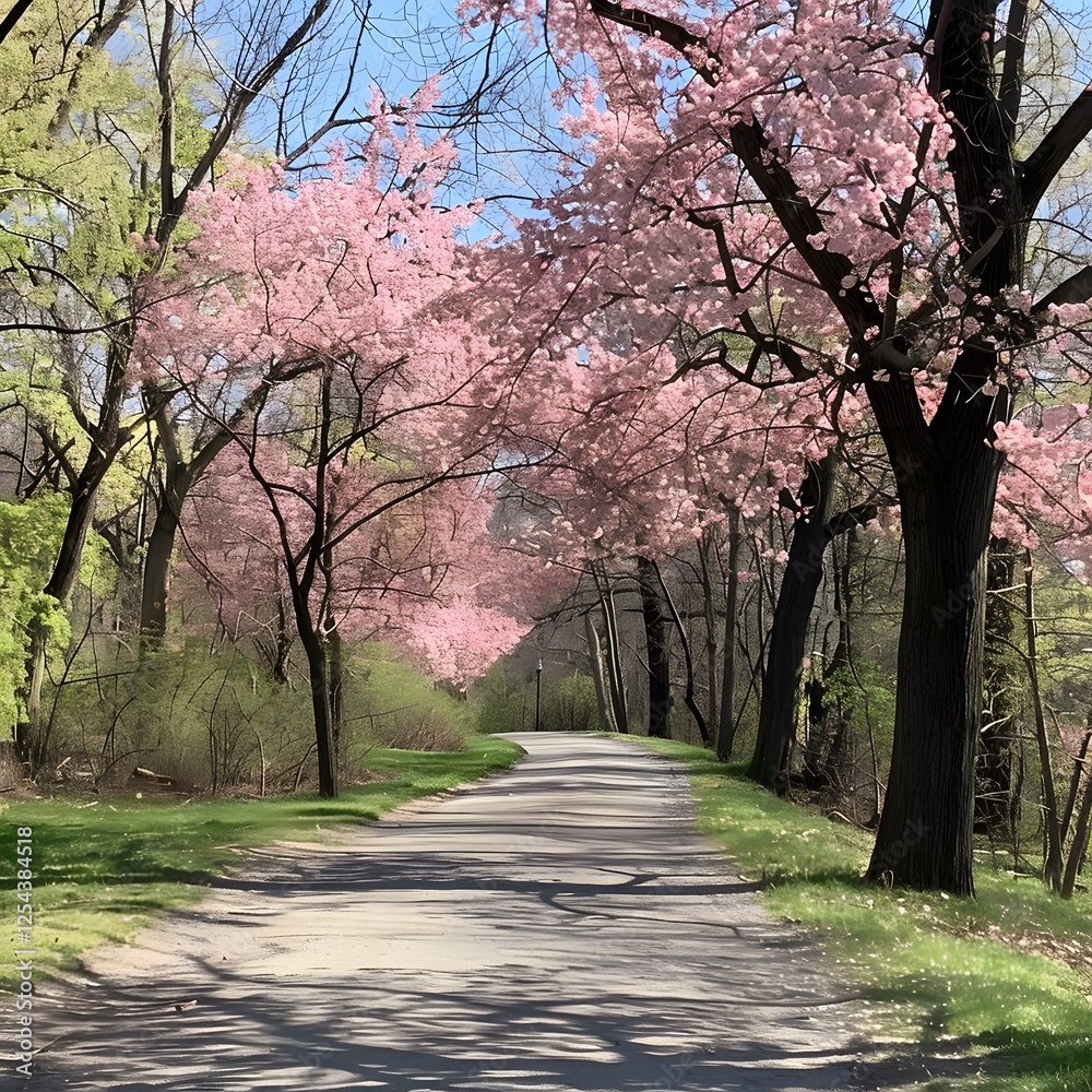 Paved Path with Cherry Blossoms and Deciduous Trees Paved Path with Cherry Blossoms and Deciduous Trees
