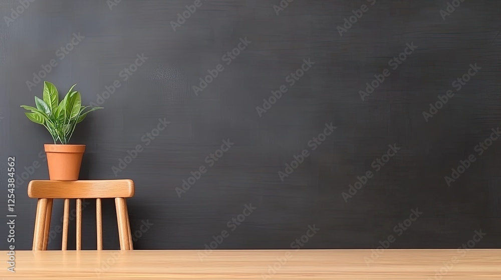 A serene indoor scene featuring a potted plant on a wooden chair against a dark wall backdrop