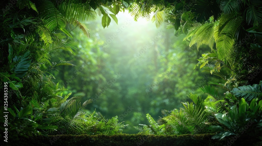 Fototapeta premium Lush jungle foliage frame, sunlight, background; nature website banner