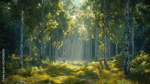 Serene forest scene with sunlight filtering through trees, showcasing vibrant greenery and tranquility