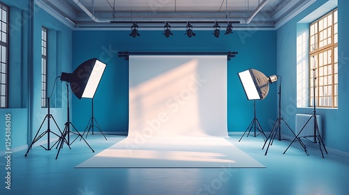  a modern photography studio with blue walls, white floor and backdrop, and softbox lights on the sides of the photo set 