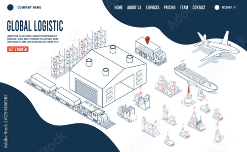 Global Logistics Landing page with Autonomous robot industrial technology and Artificial intelligence. Vector illustration eps10