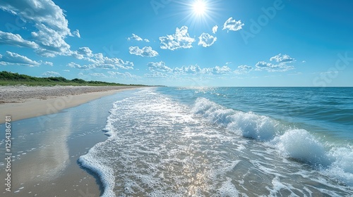 Serene beach scene with gentle waves, bright sun overhead, and lush green dunes in the distance