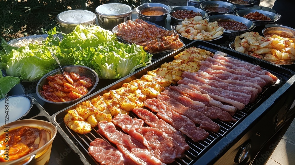 A Korean BBQ spread with an assortment of thinly sliced beef, pork belly, and marinated chicken grilling on a smokeless tabletop grill. A Korean BBQ spread with an assortment of thinly sliced beef, pork belly, and marinated chicken grilling on a smokeless tabletop grill.