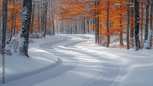 Serene winter landscape featuring a winding snowy road amidst vibrant orange foliage in the forest