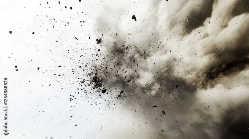 A stylized explosion of dust and debris, frozen in time, with intricate details of swirling particles expanding outward against a bright white backdrop. A stylized explosion of dust and debris, frozen in time, with intricate details of swirling particles expanding outward against a bright white backdrop.