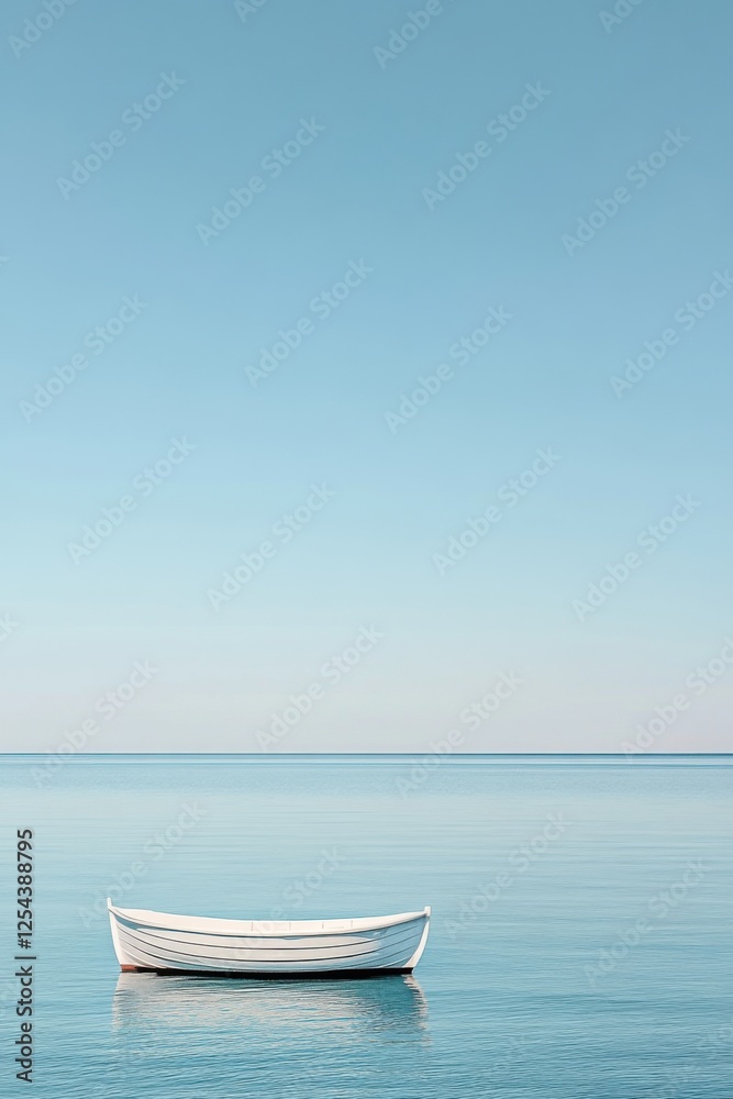 Serene Solitude: A White Rowboat on a Calm Ocean Under a Clear Blue Sky Serene Solitude: A White Rowboat on a Calm Ocean Under a Clear Blue Sky
