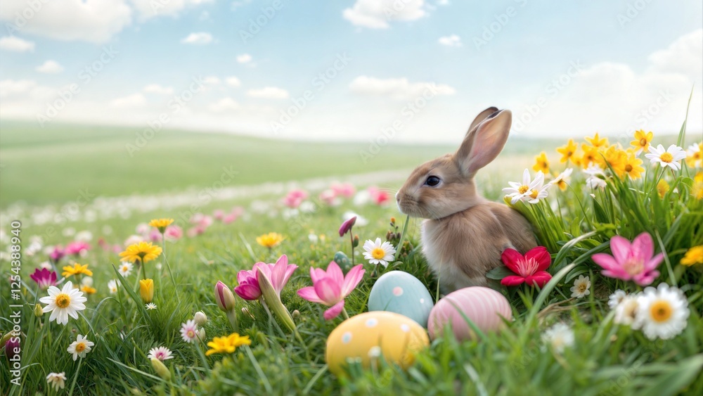 Fototapeta premium Bunny in a Flower Field: A bunny sitting in a field of vibrant spring flowers, with a few Easter eggs hidden among the blooms. 