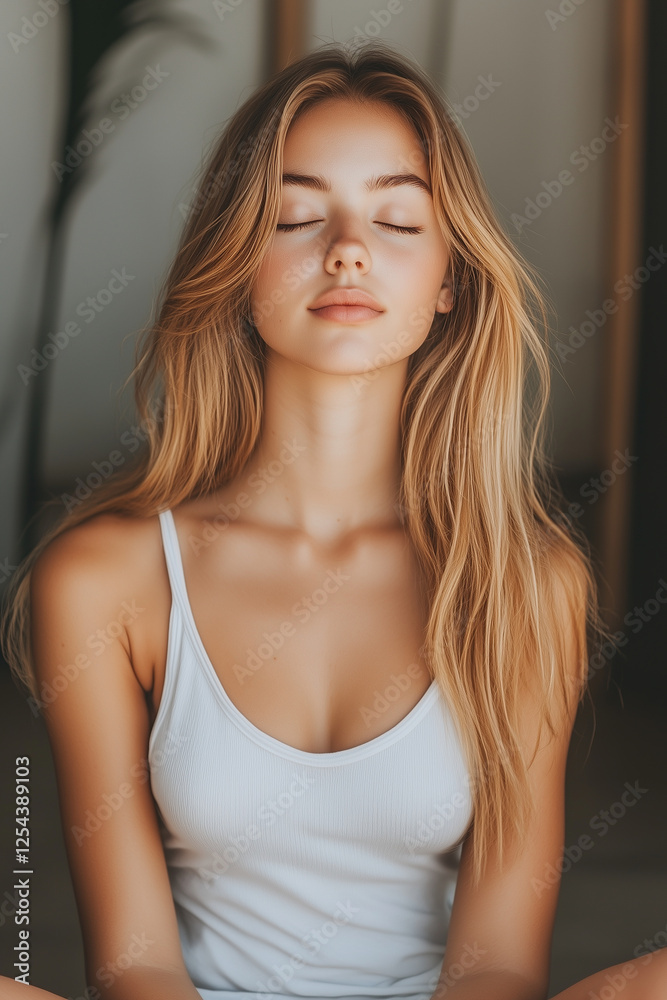 Young woman practicing mindfulness with closed eyes in a calm space
