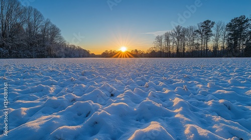Serene winter landscape at sunrise with snow-covered field and trees against a clear sky