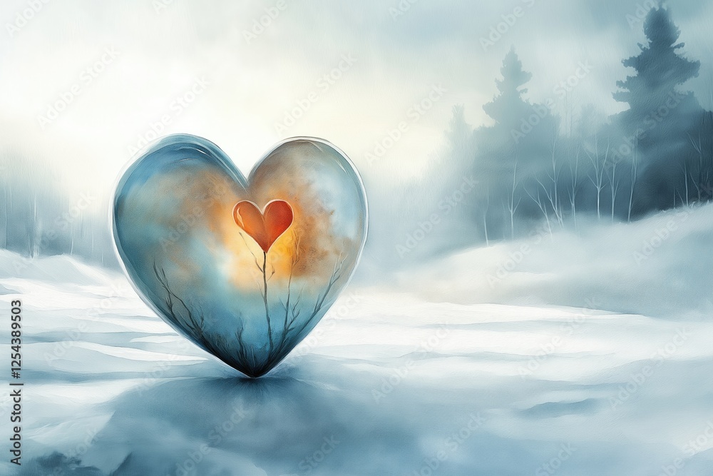 Fototapeta premium Valentine Ice Heart in Snowy Winter Landscape with Red Center