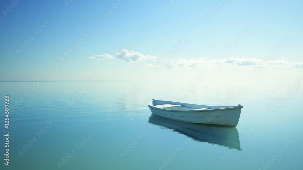 Serene Solitude: A Small White Boat Gently Rocking on a Calm Ocean Under a Clear Blue Sky Serene Solitude: A Small White Boat Gently Rocking on a Calm Ocean Under a Clear Blue Sky