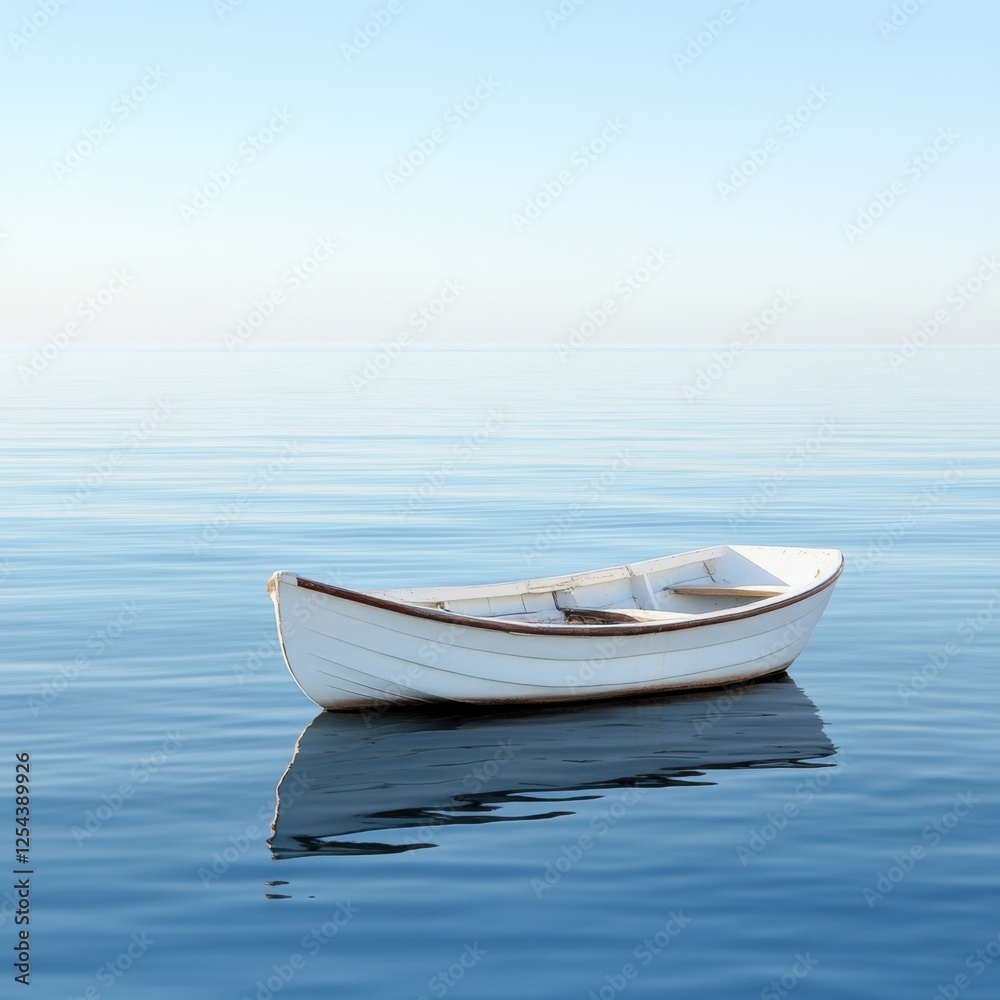 Naklejka premium Serene Solitude: A Small White Rowboat Gently Rocking on a Calm Ocean