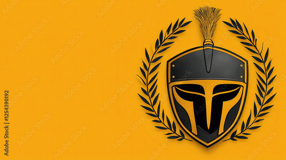 Obraz premium Greek Warrior Helmet Banner Design in Yellow Background with Decorative Laurel Leaves