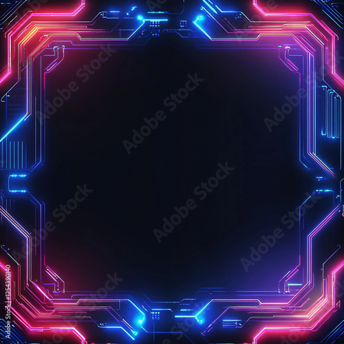 neon futuristic tech abstract background with blue and pink glowing lines frame for digital and gaming design