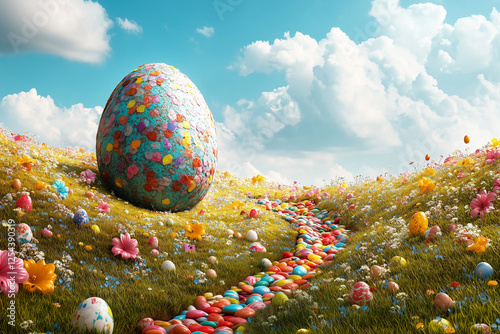 Surreal easter egg made of flowers in a dreamy landscape
