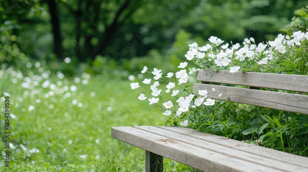 Wooden park bench surrounded by white flowers Wooden park bench surrounded by white flowers