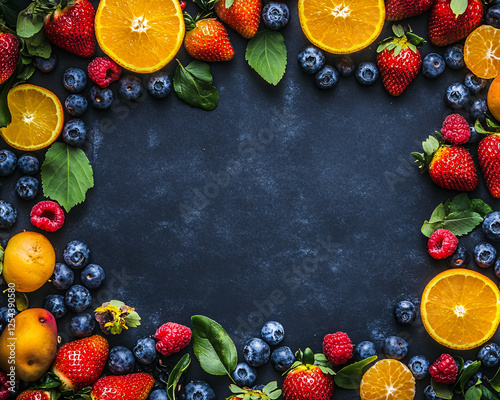 summer fruit and berries arranged on a dark blue background with copy space