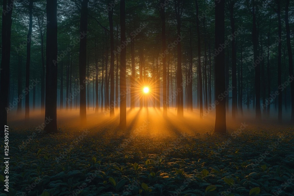 Fototapeta premium Golden Sunlight Beams Through Foggy Forest