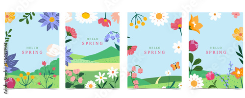 Spring landscape background with mountain and tree  for a4 vertical design