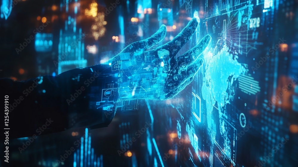 Fototapeta premium 58.A high-tech scene featuring a handshake, with overlay elements including financial graphs, world map outlines, and blue digital light effects merging into the city background.