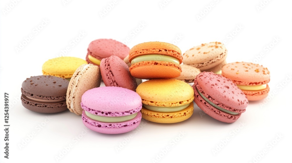 Colorful macarons pile, sweet dessert, white background, food photography, website use Colorful macarons pile, sweet dessert, white background, food photography, website use
