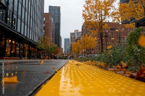 Urban street view with yellow tactile paving, surrounded by autumn trees and modern buildings photo