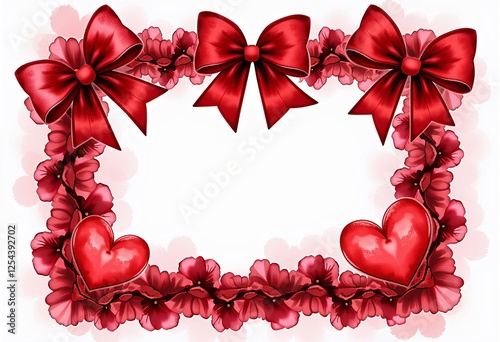 Romantic Red Heart Frame: Watercolor Clip Art with Large Ribbon Ruffles, Transparent Background, Pastel Colors, Detailed Design for Valentine's and Anniversaries

