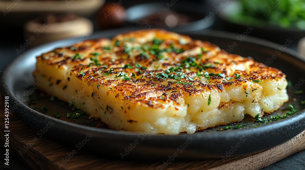 A close-up view of a perfectly golden-brown crispy pancake, garnished with fresh herbs on a rustic black plate, evoking a feeling of warmth and comfort food. A close-up view of a perfectly golden-brown crispy pancake, garnished with fresh herbs on a rustic black plate, evoking a feeling of warmth and comfort food.