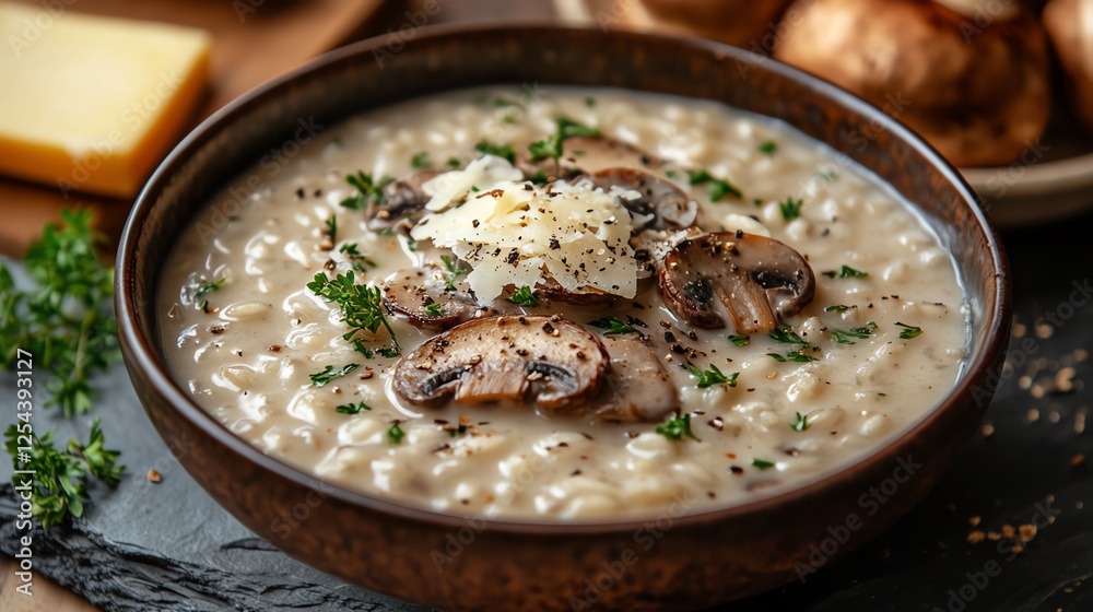 A close-up view of creamy mushroom risotto served in a rustic bowl, garnished with fresh parsley and sprinkled cheese, perfect for showcasing gourmet cooking and delicious meals. A close-up view of creamy mushroom risotto served in a rustic bowl, garnished with fresh parsley and sprinkled cheese, perfect for showcasing gourmet cooking and delicious meals.