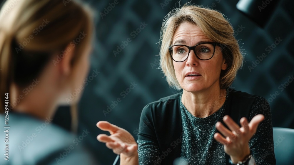Fototapeta premium 111.A candid moment of two professional women sharing ideas, one gesturing with her hands while the other listens attentively, in a sleek office environment.