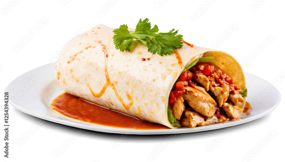Delicious chicken burrito on white plate with sauce Delicious chicken burrito on white plate with sauce